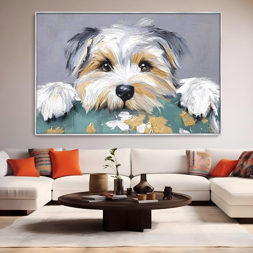 Tablou canvas cu pictura cu catel yorkshire privind curios, in rama de aluminiu argintiu, pe perete intr-un living
